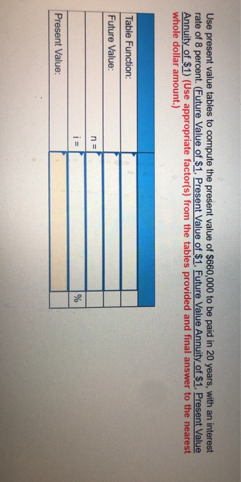 Use present value tables to compute the present value of $660,000 to be paid in 20 years, with an interest rate of 8 percent.