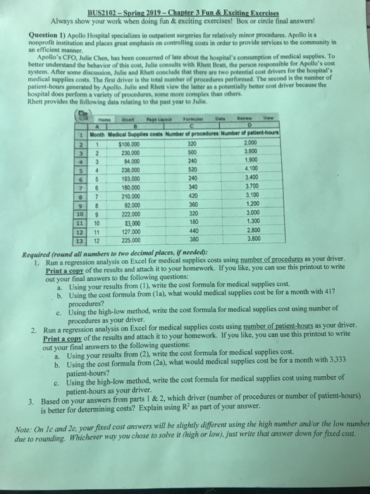 Always show your work when doing fun&exciting exercises! Box or circle final answers! Question 1) Apollo Hospital specializes in outpatient surgeries for relatively minor procedures. Apollo is a nonprofit institution and places great emphasis on controlling costs in order to provide services to the community in an efficient manner Apollos CFO, Julie Chen, has been concerned of late about the hospitals consumption of medical supplies. To better understand the behavior of this cost, Julie consults with Rhett Bratt, the person responsible for Apollos cost system. After some discussion, Julie and Rhett conclude that there are two potential cost drivers for the hospitals medical supplies costs. The first driver is the total number of procedures performed. The second is the number of patient-hours generated by Apollo. Julie and Rhett view the latter as a potentially better cost driver because the hospital does perform a variety of procedures, some more complex than others Rhett provides the following data relating to the past year to Julie. 1Month Medical Supplies costs Number of procedures Number of patient-hours $106,000 230.000 84.000 238.000 193.000 180.000 210.000 92.000 222000 83,000 27000 225.000 2,000 3.900 900 4.100 3.400 3.700 3.100 1.200 10 9 11 10 1.300 2.800 3,800 13 12 Required (round all numbers to two decimal places, if needed . Run a regression analysis on Excel for medical supplies costs using number of procedures as your driver Print a copy of the results and attach it to your homework. If you like, you can use this printout to write out your final answers to the following questions: Using your results from (1), write the cost formula for medical supplies cost. a. b. Using the cost formula from (la), what would medical supplies cost be for a month with 4 Using the high-low method, write the cost formula for medical supplies cost using numbr of Run a regression analysis on Excel for medical supplies costs using number of patient-hours as your driver. c. procedures as your driver. nt a copy of the results and attach it to your homework. If you like, you can use this printout to write Pri out your final answers to the following questions: Using your results from (2), write the cost formula for medical supplies cost. a. b. Using the cost formula from (2a), what would medical supplies cost be for a month with 3,333 tient-hours? Using the high-low method, write the cost formula for medical supplies cost using number of patient-hours as your driver. c. Based on your answers from parts 1 & 2, which driver (number of procedures or number of patient-hours is better for determining costs? Explain using R? as part of your answer 3. Note: On Ic and 2c, your fixed cost answers will be slightly different using the high mamber and/or the low number due to rounding. Whichever way you chose to solve it (high or low), just write that answer down