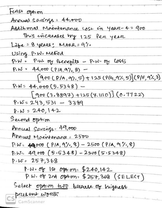 Feriest option Annual savings = 44,000 Additional Maintenance cost in year-4= 900 Thug оnсле 48 4 | 25 Рел чем Life = 8 years