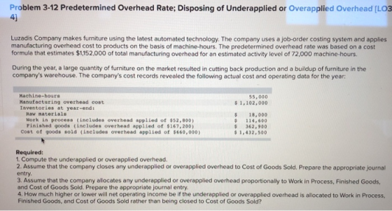 Problem 3-12 Predetermined Overhead Rate; Disposing of Underapplied or Overapplied Overhead (LO3 Luzadis Company makes furnit