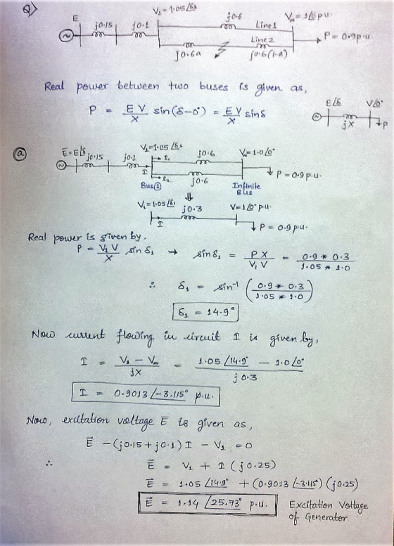 10-6 015 jo Real power もetween +tuo buses as given as P., 투Х sh@-o) . Ey sins 어 jr-, @ Eels pus 0.6 Imlnile Bus④ P o.gpu. Real power is steen by 要Ans, → ·gins, =-PX-_cost OS 1.0 Nou outint flourn , wc.eirur.L 쏘 is given ly ix J 0.3 ioo, xtakon valtge E ta given as E = Vi +1 (jo-25) E 1.14 125.13 puExcitation Vottuge enera