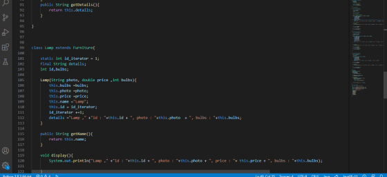 91 92 93 public String getDetails({ return this.details; } TC 94 } 95 96 97 98 99 100 class Lamp extends Furniture{ А 101 102