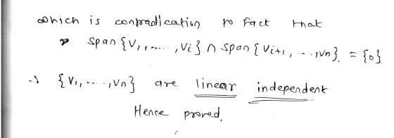which is to rack that conpredication span {vie vi} n span {viti, ...gun} = {o} are {vi, ....,Vn} linear Hence prored independ