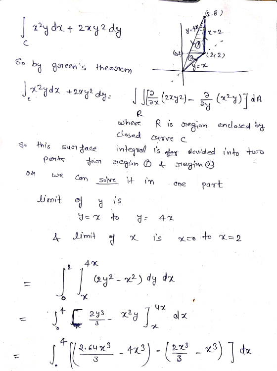 (2,8) J azy dx + 2xyzdy 4248 X2 с (2) (212) y=x So by goreens theorrem Jxzy dx + 2x 4² dy= I 0(2242) – ang (x2y)] da R where