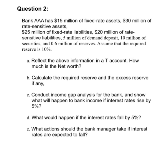 Question 2: Bank AAA has $15 million of fixed-rate assets, $30 million of rate-sensitive assets, $25 million of fixed-rate li