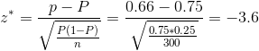 z^* = \frac{p-P}{\sqrt{\frac{P(1-P)}{n}}} = \frac{0.66 - 0.75}{\sqrt{\frac{0.75*0.25}{300}}} =- 3.6