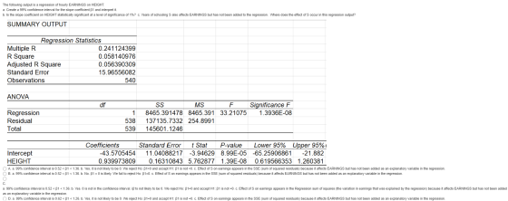 The following output is a regression of hourly EARNINGS on HEIGHT. a. Create a 99% confidence interval for the slope coeffici