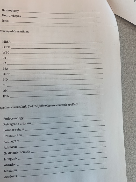 Gastroplasty Neurorrhaphy Iritis Jlowing abbreviations: MRSA COPD WBC UTI PA PSA Derm PID CS OM HTN. spelling errors (only 2
