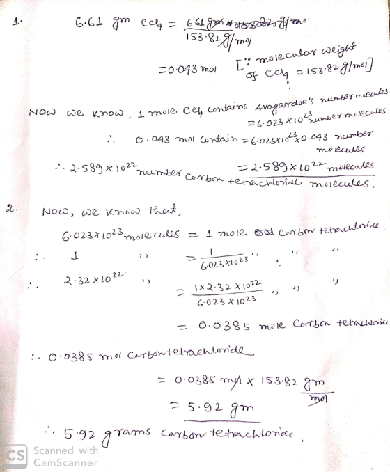E61 gm cell = 6.61 goh 15867rfona 153.82g/mol -0.043 mol [ molecular weight of cay = 153.82 g/ mei] Now we know, 1 mole cy c