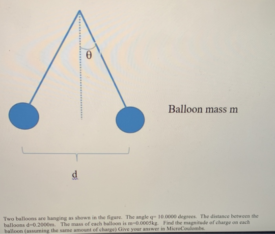 CD Balloon mass m d Two balloons are hanging as shown in the figure. The angle - 10.0000 degrees. The distance between the ba