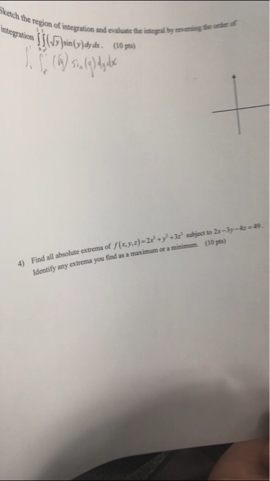 Sketch the region of integral integration only of integration and evaluate the integral by som S (9) sin (9) dy doc 49 4) Fin