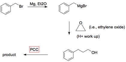 Br Mg, Et20 MgBr (i.e., ethylene oxide) (H+ work up) PCC OH product _