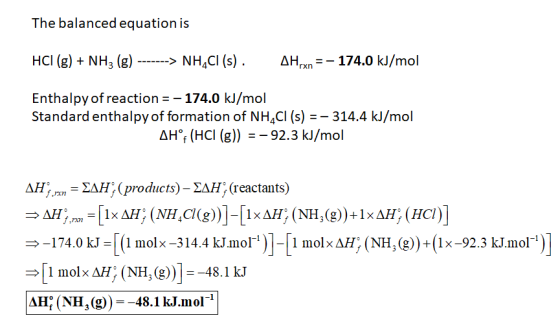 The balanced equation is HCI (g) + NH3 (g) -------> NH4Cl (s). AH,xn=- 174.0 kJ/mol Enthalpy of reaction = - 174.0 kJ/mol Sta