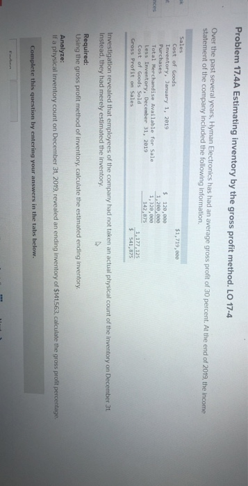 Problem 17.4A Estimating inventory by the gross profit method. LO 17-4 Over the past several years, Hyman Electronics has had