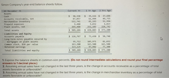 Simon Companys year-end balance sheets follow Current Yr 1 Yr Ago 2 Yrs Ago At December 31 Assets Cash Accounts receivable,