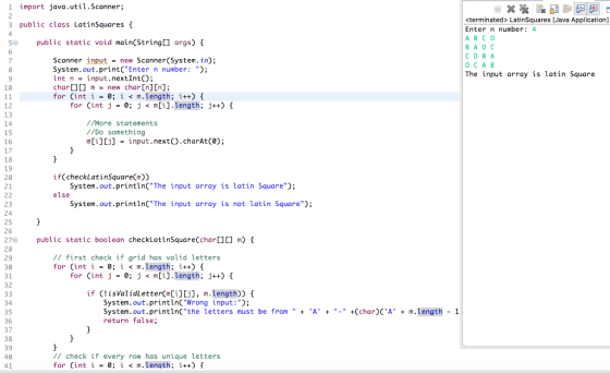 1 import java.util.scanner 3 public class LatinSquares 5 public static void main(String[] args) くterminated> LatinSquares [Ja