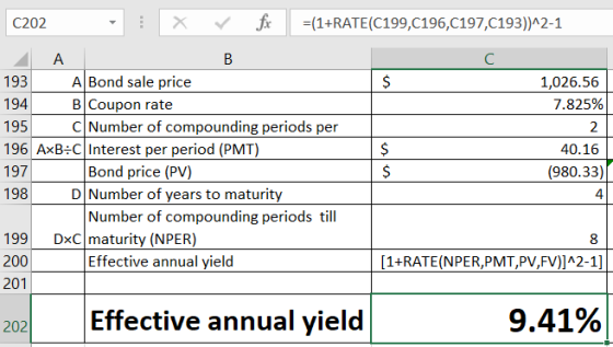 C202 X ✓ fc =(1+RATE(C199,C196, 197,0193))^2-1 1,026.56 7.825% 2 A В 193 A Bond sale price 194 B Coupon rate 195 C Number of