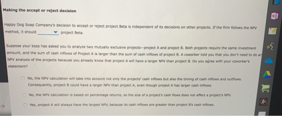 Making the accept or reject decision Happy Dog Soap Companys decision to accept or reject project Beta is independent of its