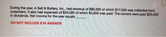 During the year, A Salt & Buttery, Inc., had revenue of $86,000 of which $17,000 was collected from customers. It also had ex
