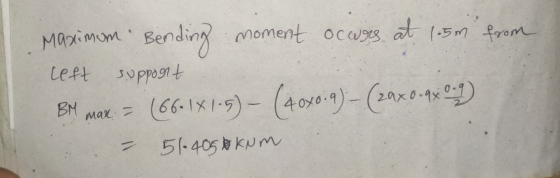 Maximum left support Bending moment occuses at 1.5m from (66.1X1-5) – (404019) - (29x0-9x 039) BM max = 51-405 kNm