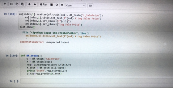 Run Code In [118]: ax[index,1].scatter(df_train [ col], df train[L_SalePrice ]) ax[index,1].title.set text(f(col) X Log Sa