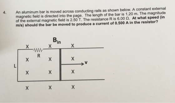 An aluminum bar is moved across conducting rails a