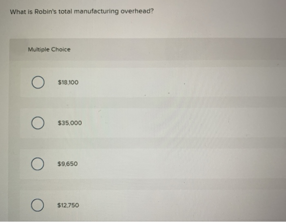 What is Robins total manufacturing overhead? Multiple Choice o $18,100 o $35,000 o $9,650 o $12,750