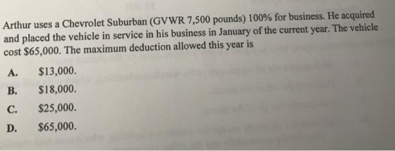 Arthur uses a Chevrolet Suburban (GVWR 7,500 pounds) 100% for business. He acquired and placed the vehicle in service in his