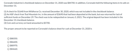Coronado Industriess checkbook balance on December 31, 2020 was $84700. In addition, Coronado held the following items in it