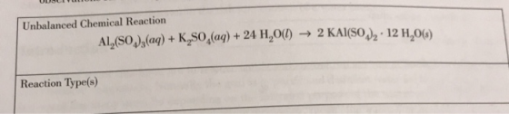 Unbalanced Chemical Reaction AL, (SO )3(aq) + K,80,(aq) + 24 H,0(l) → 2 KAl(SO )2 · 12 H,0(s) Reaction Type(s)