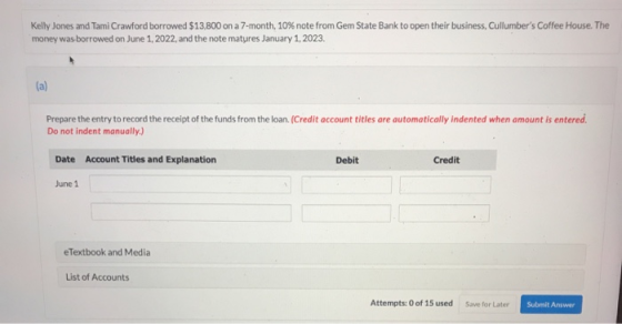 Kelly Jones and Tami Crawford borrowed $13,800 on a 7-month, 10% note from Gem State Bank to open their business, Cullumbers