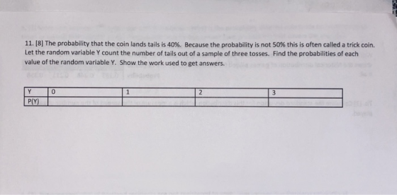 11. [8] The probability that the coin lands tails is 40%. Because the probability is not 50% this is often called a trick coi