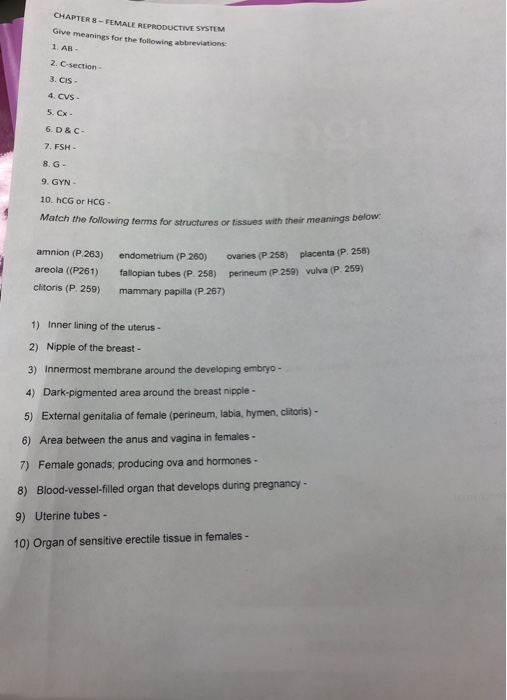 CHAPTER 8 - FEMALE REPRODUCTIVE SYSTEM Give meanings for the following abbreviations 1. AR- 2. C-section 3. CIS 4. CVS- 5.ox-