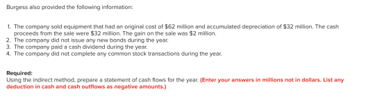 Burgess also provided the following information: 1. The company sold equipment that had an original cost of $62 million and a