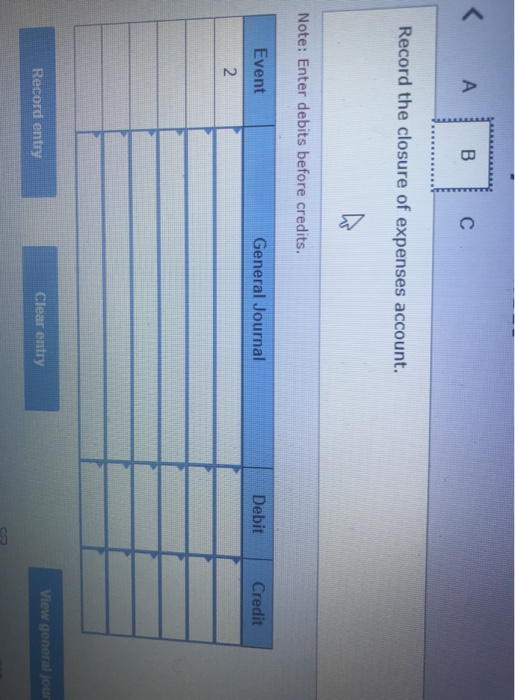 < A B с Record the closure of expenses account. Note: Enter debits before credits. Event General Journal Debit Credit 2 Recor