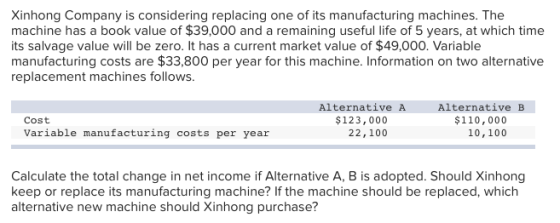 Xinhong Company is considering replacing one of its manufacturing machines. The machine has a book value of $39,000 and a remaining useful life of 5 years, at which time its salvage value will be zero. It has a current market value of $49,000. Variable manufacturing costs are $33,800 per year for this machine. Information on two alternative replacement machines follows. Alternative A $123,000 Alternative B $110,000 Cost Variable manufacturing costs per year 22,100 10,100 Calculate the total change in net income if Alternative A, B is adopted. Should Xinhong keep or replace its manufacturing machine? If the machine should be replaced, which alternative new machine should Xinhong purchase?