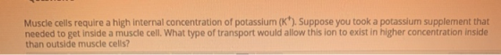 Muscle cells require a high internal concentration of potassium (K). Suppose you took a potassium supplement that needed to g