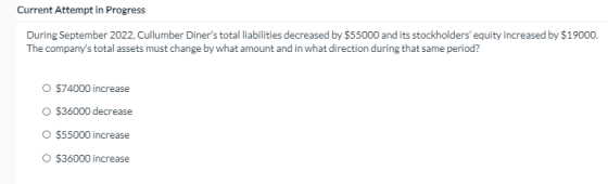 Current Attempt in Progress During September 2022, Cullumber Diners total liabilities decreased by $55000 and its stockholde