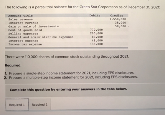 The following is a partial trial balance for the Green Star Corporation as of December 31, 2021: Debits Credits 1,550,000 38,