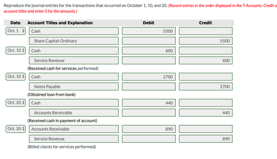 Reproduce the journal entries for the transactions that occurred on October 1, 10, and 20. (Record entries in the order displ