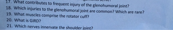 7. What contributes to frequent injury of the glenohumoral joint? 18. Which injuries to the glenohumoral joint are common? Which are rare? 19. What muscles comprise the rotator cuff? 20. What is GIRD? 21. Which nerves innervate the shoulder joint?