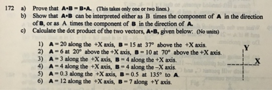 172 Prove that A-B = B.A. Show that A.B can be interpreted either as B times the component of A in the direction of B, or as A times the component of B in the direction of A Calculate the dot product of the two vectors, A.B, given below: (No units) a) b) (This takes only one or two lines.) c) 1) 2) 3) 4) 5) 6) A-20 along the +X axis, B = 15 at 370 above the +X axis. A-6 at 20° above the +X axis, B-10 at 70° above the +X axis. A-3 along the +X axis, B-4 along the +X axis. A = 4 along the +X axis, B-4 along the-X axis. A= 0.3 along the +X axis, B= 0.5 at 135 to A. A- 12 along the +X axis, B-7 along +Y axis.