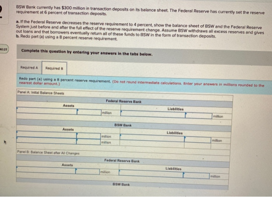 BSW Bank currently has $300 million in transaction deposits on its balance sheet. The Federal Reserve has currently set the r