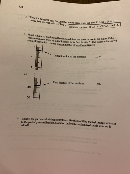124 2. Write the balan 2. Write the balanced total reaction that would occur w neutralizes stomach acid (HCl(). occur when th