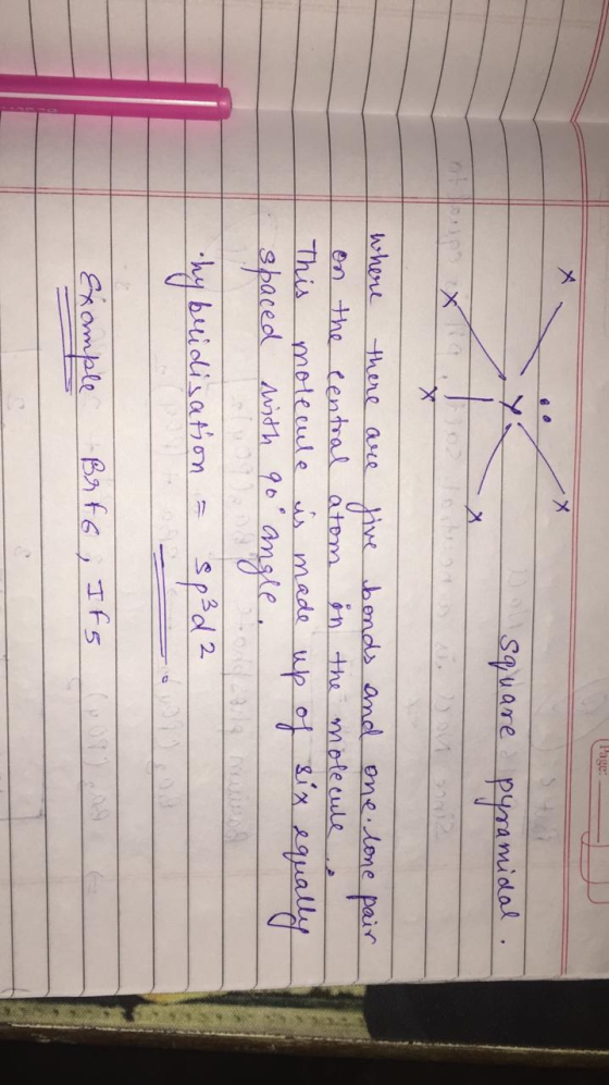 square pyramidal. where there are on the central This molecule spaced with five bonds and one. lone pair atom on the molecule