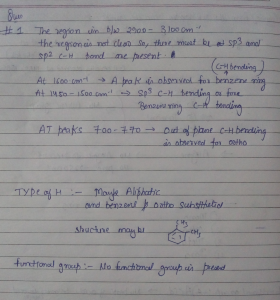 Swes #1 The region in b/w 2900 3 100cm the region is not cleao so, there must be at sp3 and sp2 C-H bond are present 2 (GH be