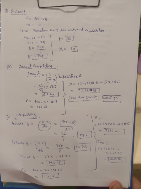 - Bertrand P= 400-26 MC = 50 P=mc Condition under the bestrand competition. 400-28 = 50 T P = [50] 350 = 20 8 = 350 I r= 10 2