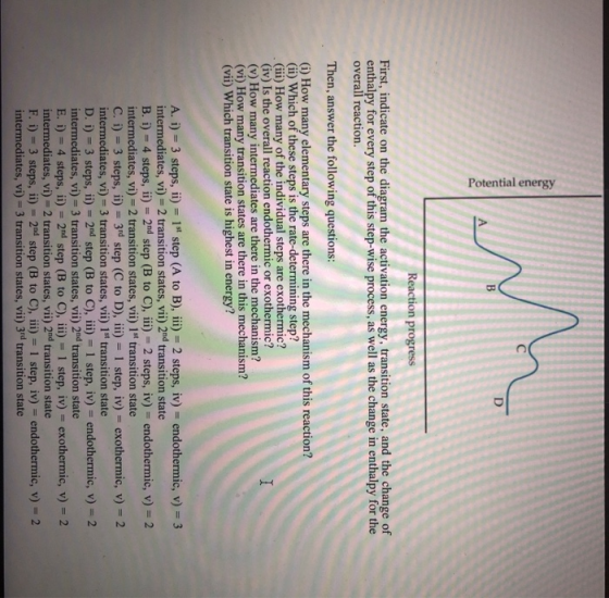 Potential energy Reaction progress First, indicate on the diagram the activation energy, transition state, and the change of