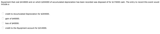 Equipment that cost $418000 and on which $204000 of accumulated depreciation has been recorded was disposed of for $174000 ca