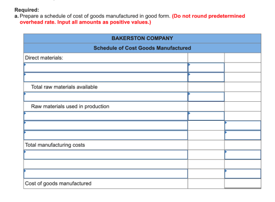 Required: a. Prepare a schedule of cost of goods manufactured in good form. (Do not round predetermined overhead rate. Input
